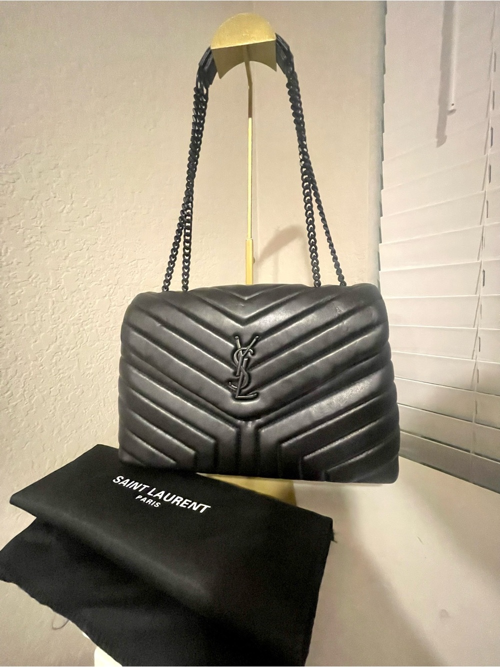 Saint Laurent Black Quilted Chevron Shoulder Bag with YSL Logo